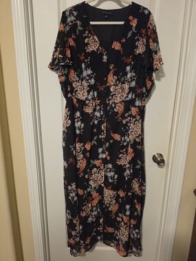 Lane Bryant Black Midi Dress with Peach & Light Blue Floral Motif
